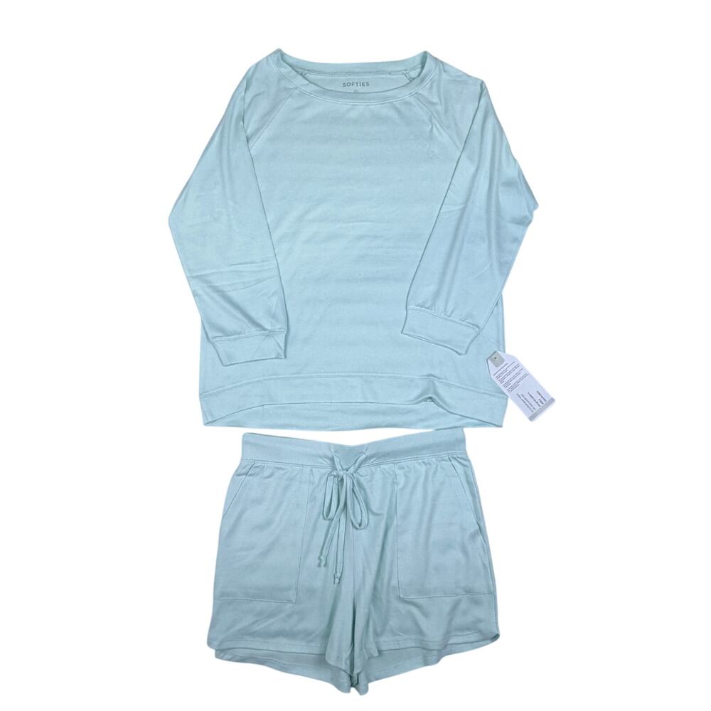 Softies Women's 3/4 Sleeve Boat Neck Top and Short Set Aqua Mint /Small